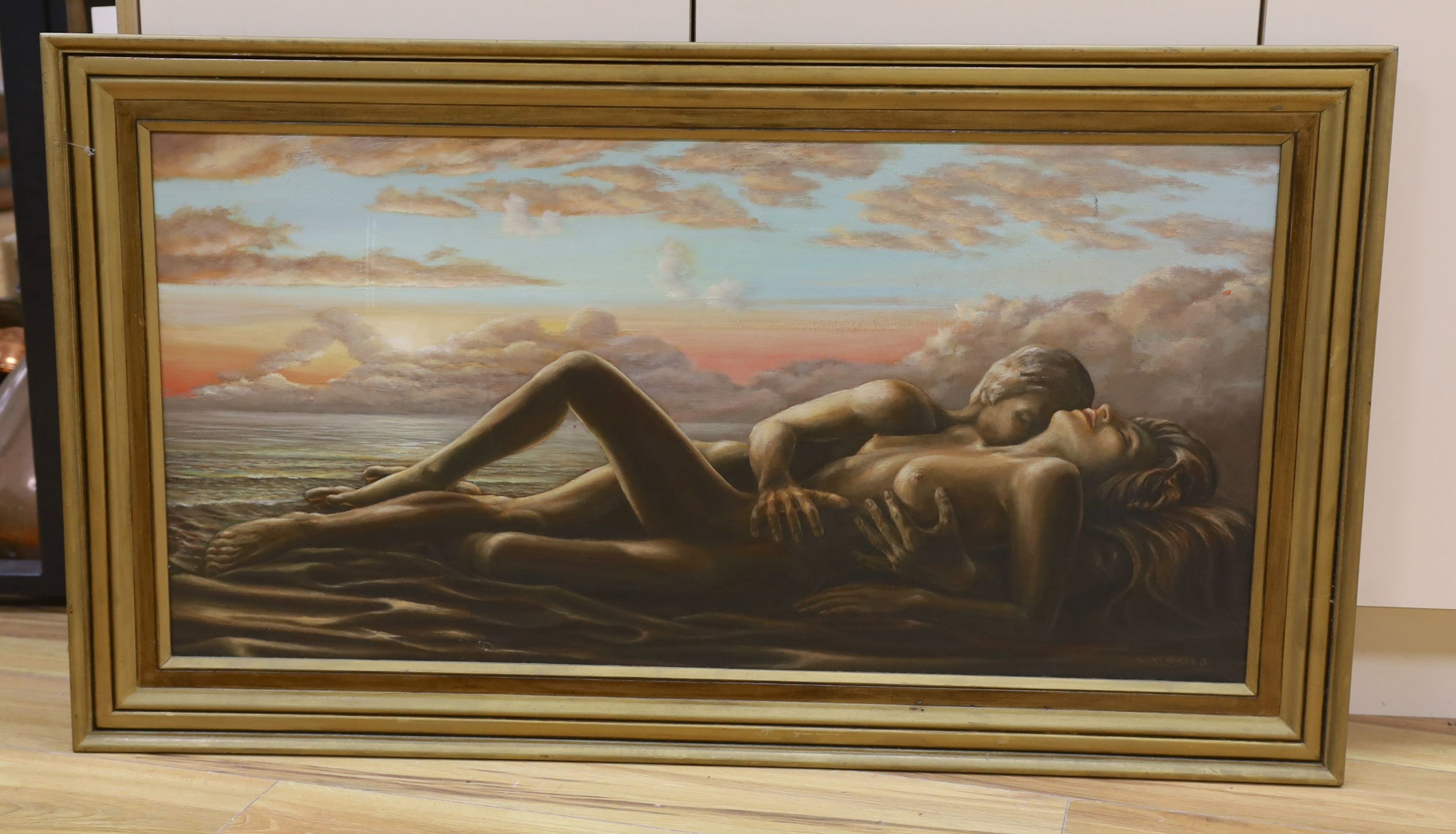 Michael Alcorn-Hender (1945-), oil on board, Embracing nudes on the seashore, signed and dated '80, 49 x 100cm